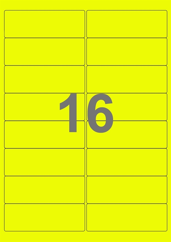 A4-etiketter, 16 stansade etiketter/ark, 99,1 x 33,9 mm, gul neon, 100 ark